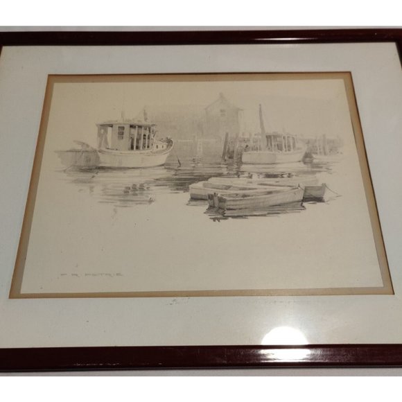 Vintage Ferdinand Ralph F R Petrie Fishing Boat Harbor Dock Print Signed 12x16.5 - Picture 5 of 8